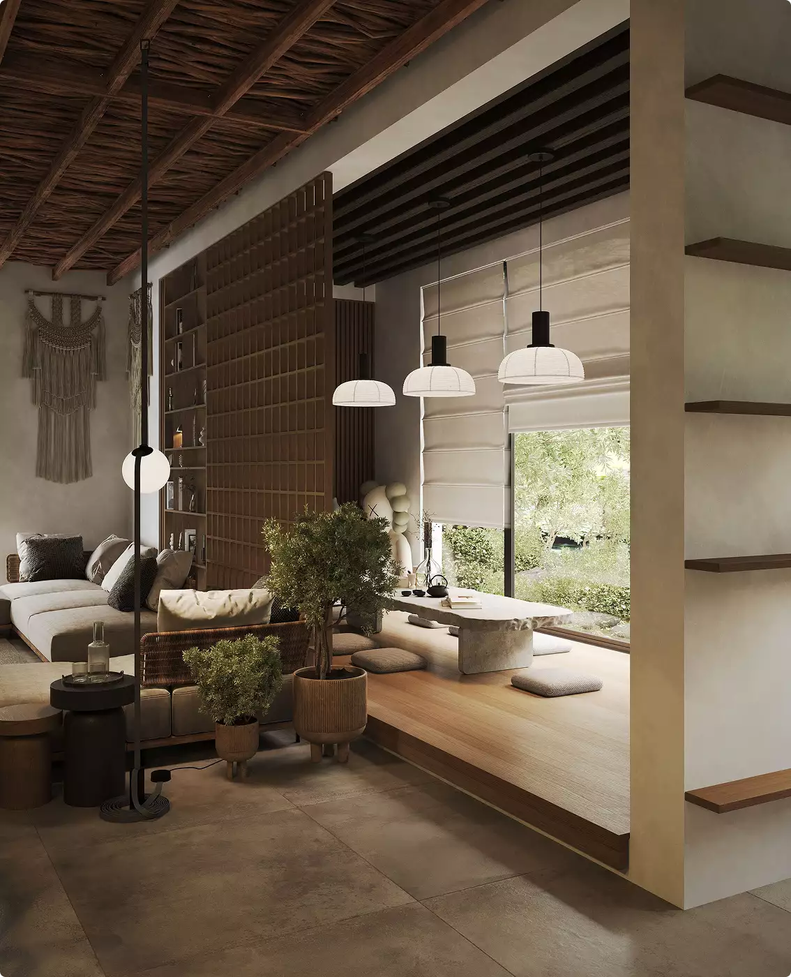 Luxury residence interior design of a lounge nook with pendant lights, indoor plants, a low table, and window seat