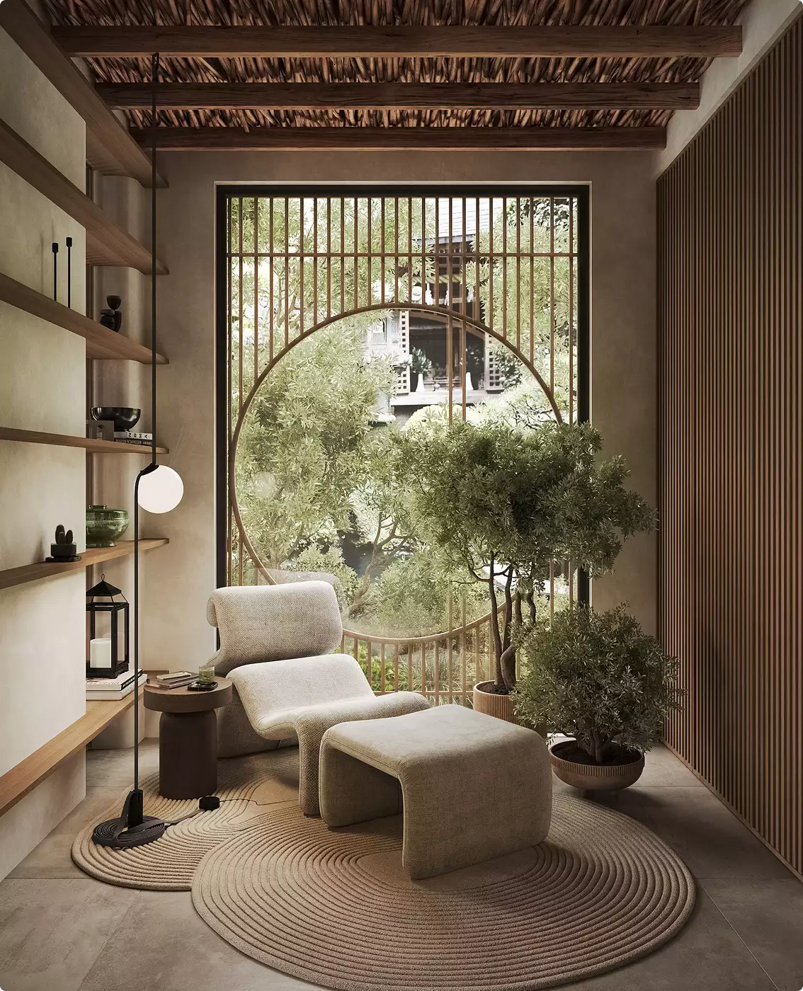 Luxury residence interior design with a reading nook, round window, lounge chair, ottoman, and indoor trees