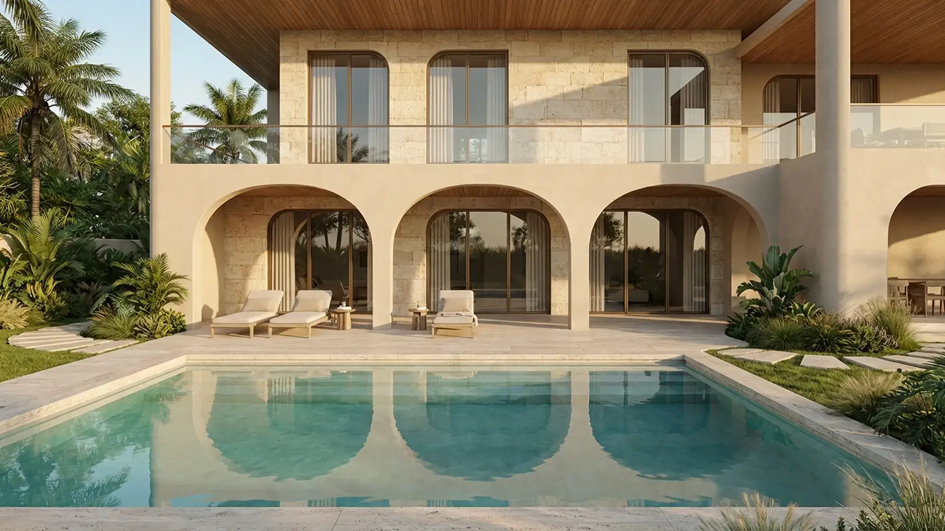 Luxury villa with pool created using 3D house rendering services and photorealistic architectural renderings