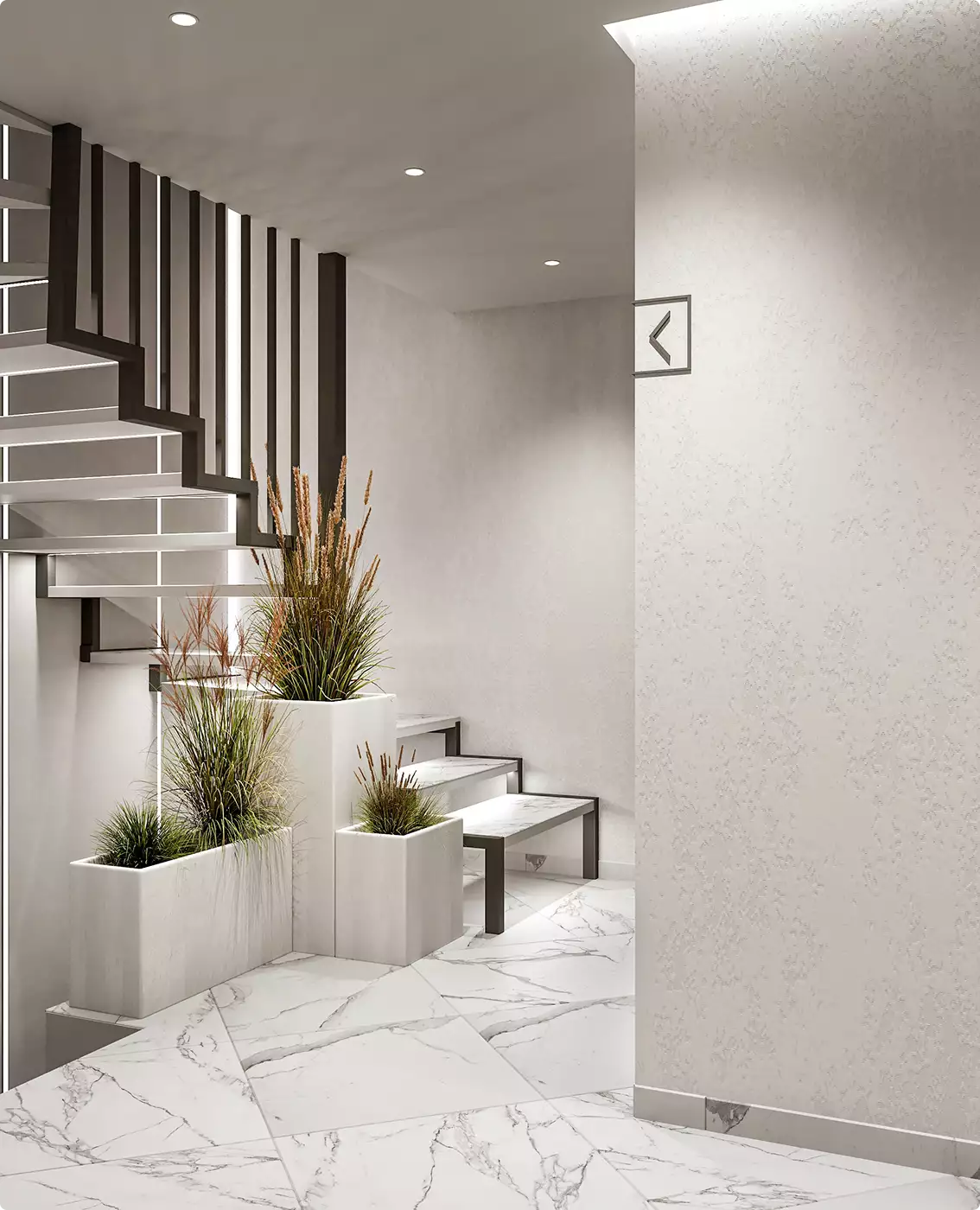 Medical center 3D rendering of a stair hall with marble floor, planters, and recessed lighting