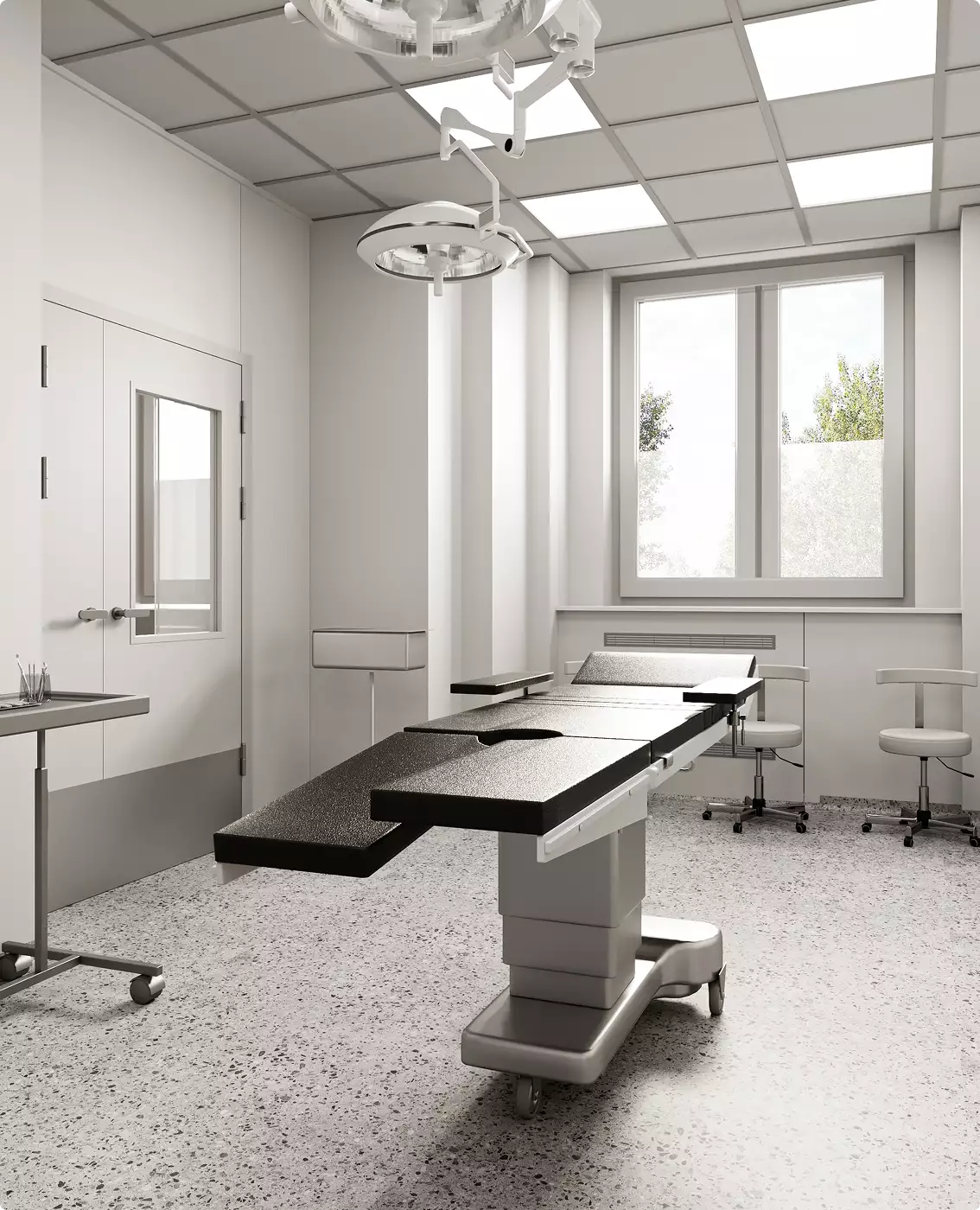 Medical center 3D renderings of an operating room with surgical table, lights, stools, and window