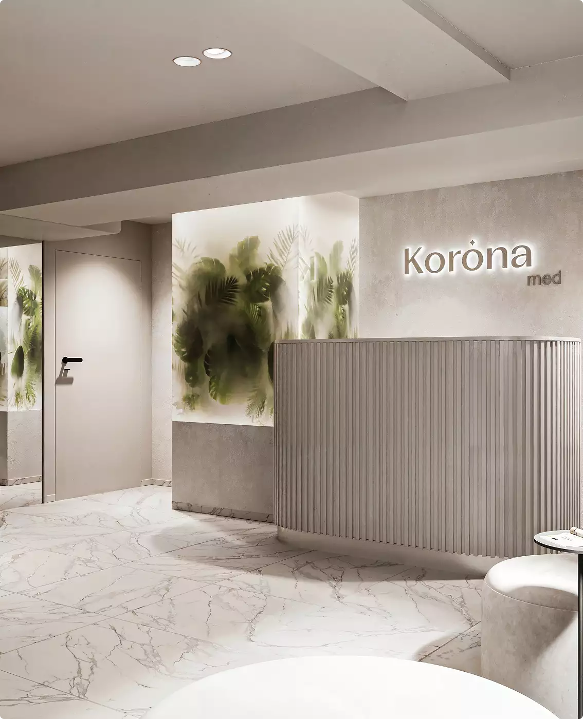 Medical center 3D renderings of a reception desk with logo wall, marble floor, and soft lighting