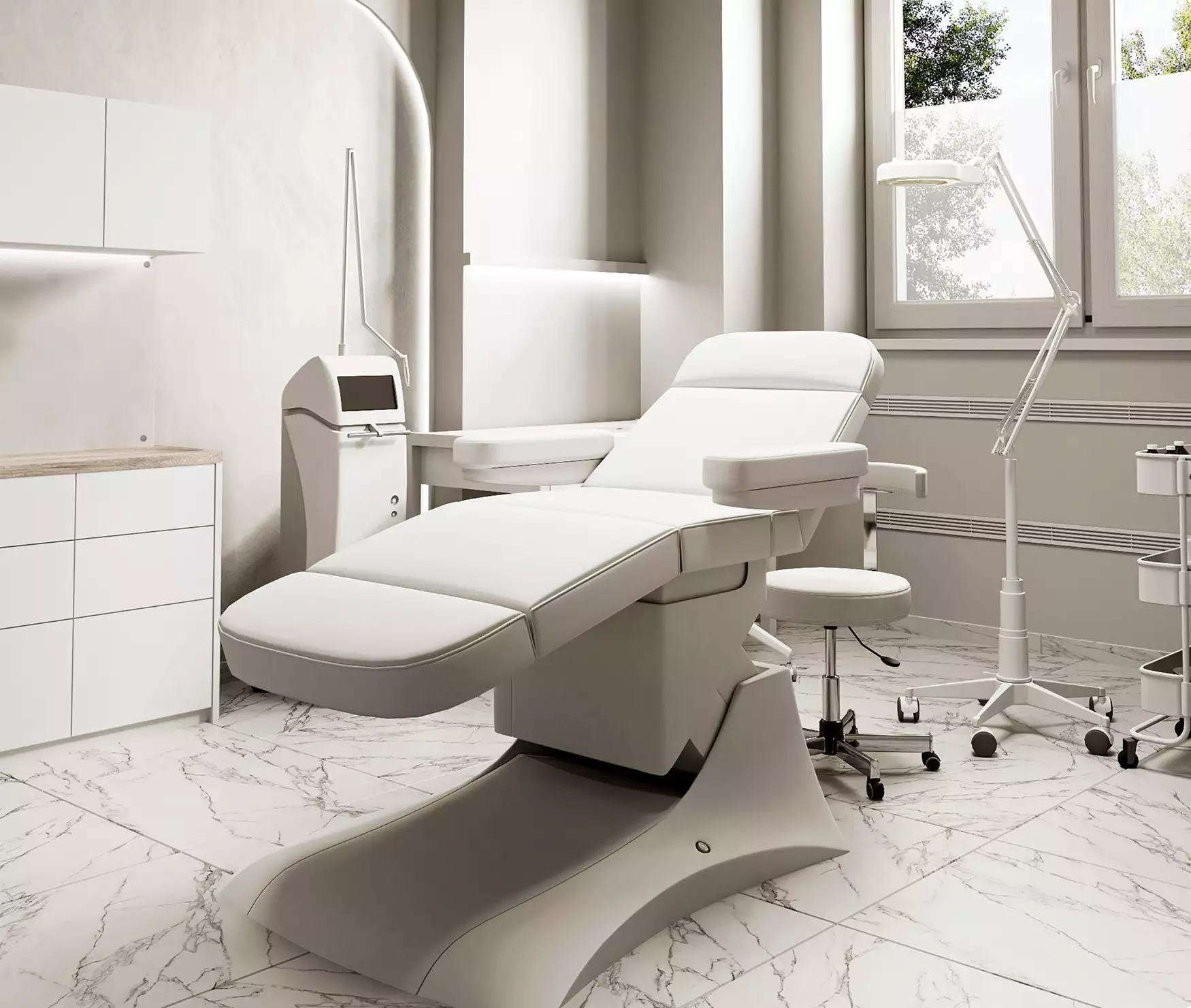 Medical center 3D visualization of a bright treatment room with exam chair, task lamp, and cabinets