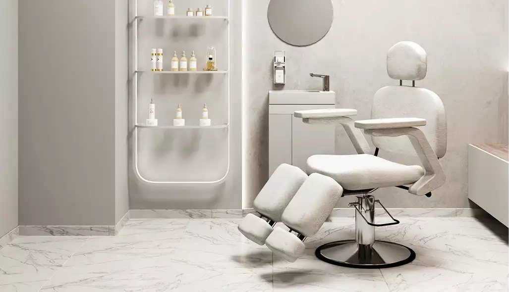 Medical center architectural rendering of a treatment chair beside shelves, sink, and marble floor