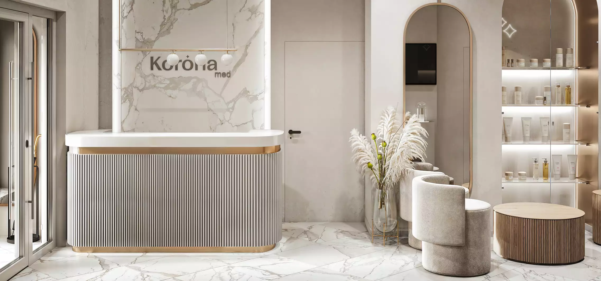 Medical center architectural visualization of a reception area with marble desk, shelving, and lounge chairs