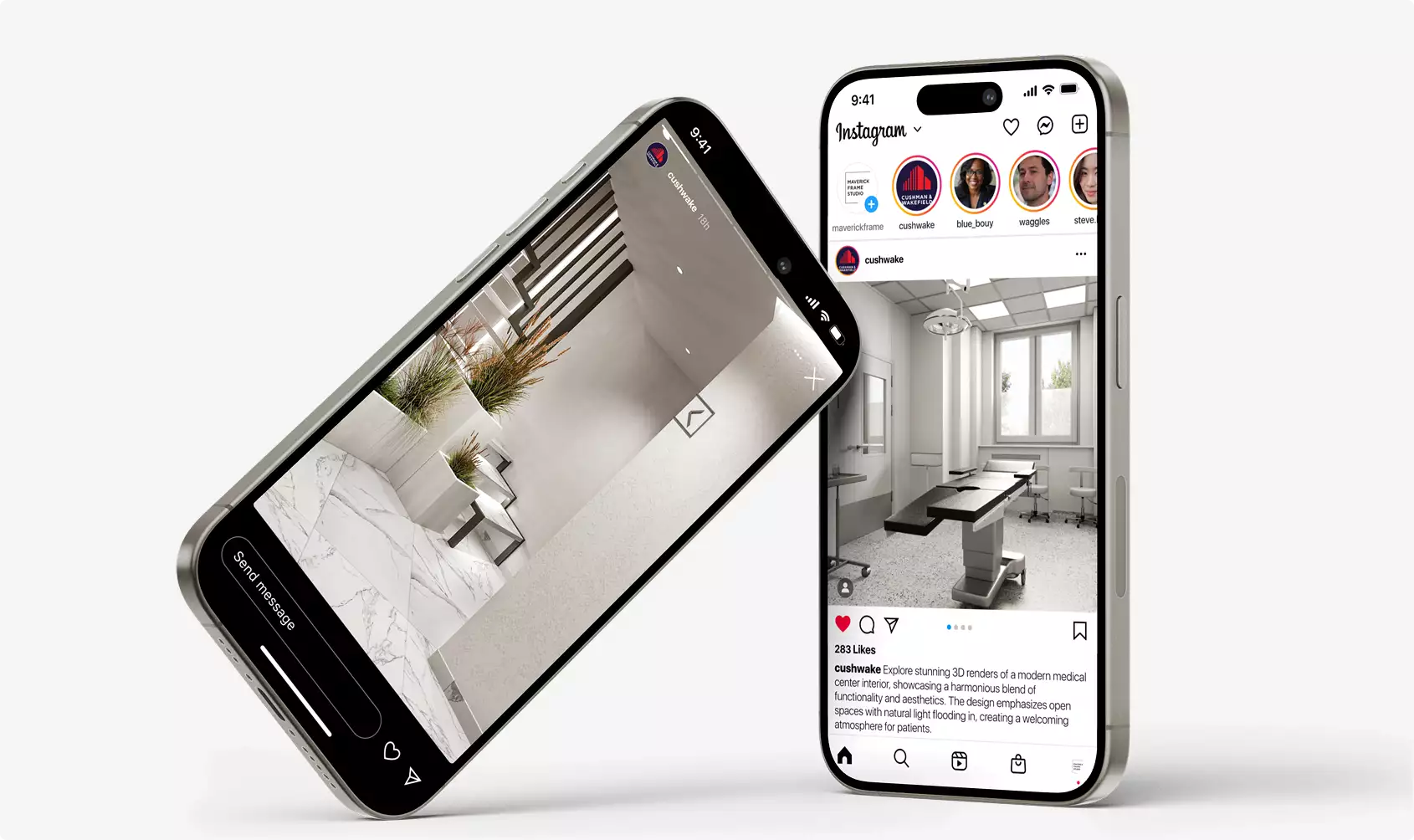 Medical center exterior rendering shown on two smartphones displaying social media posts
