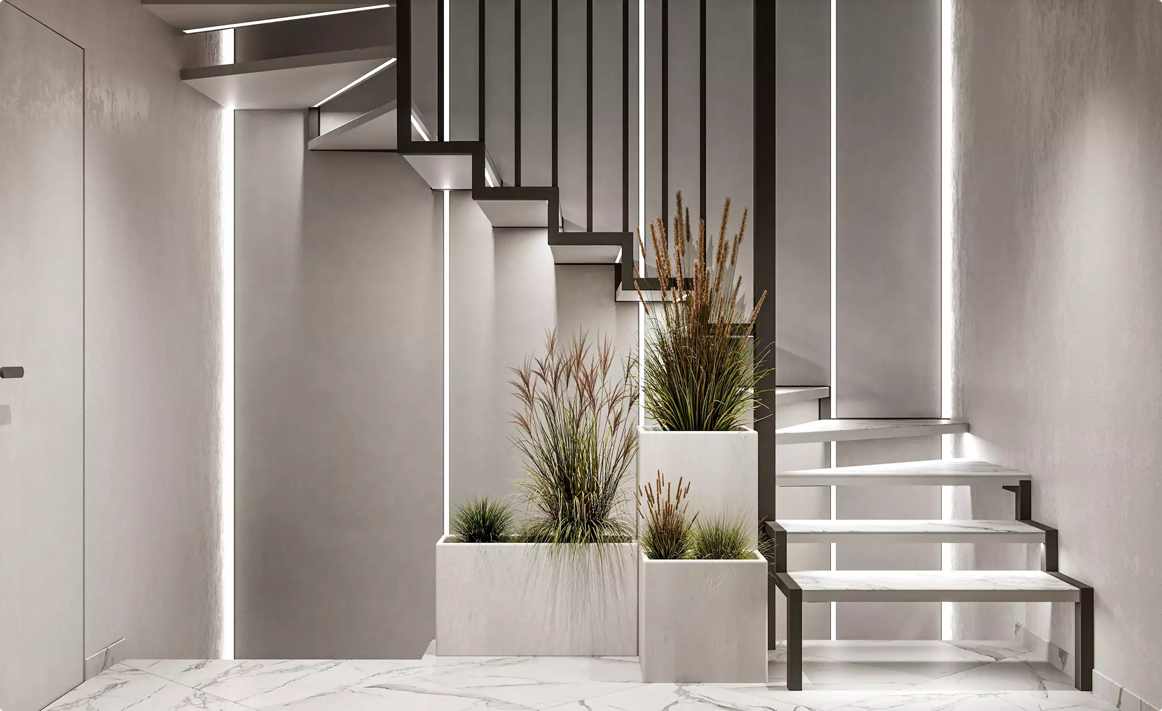 Medical center interior rendering of a modern stair hall with planters, marble floor, and linear lighting
