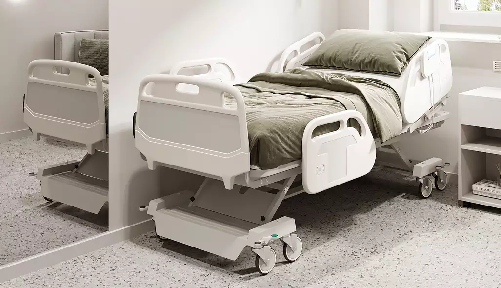 Medical center renderings of an adjustable hospital bed beside a mirror in a bright patient room