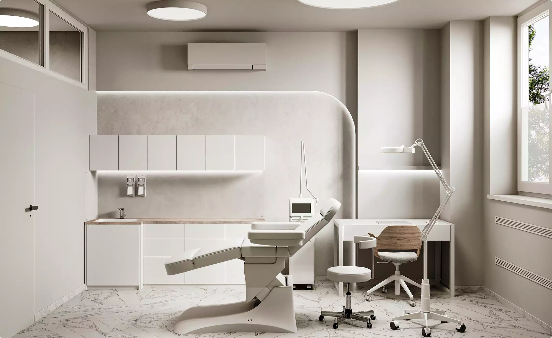 Medical center visualization of a bright clinic room with exam chair, desk, cabinets, and task lamp