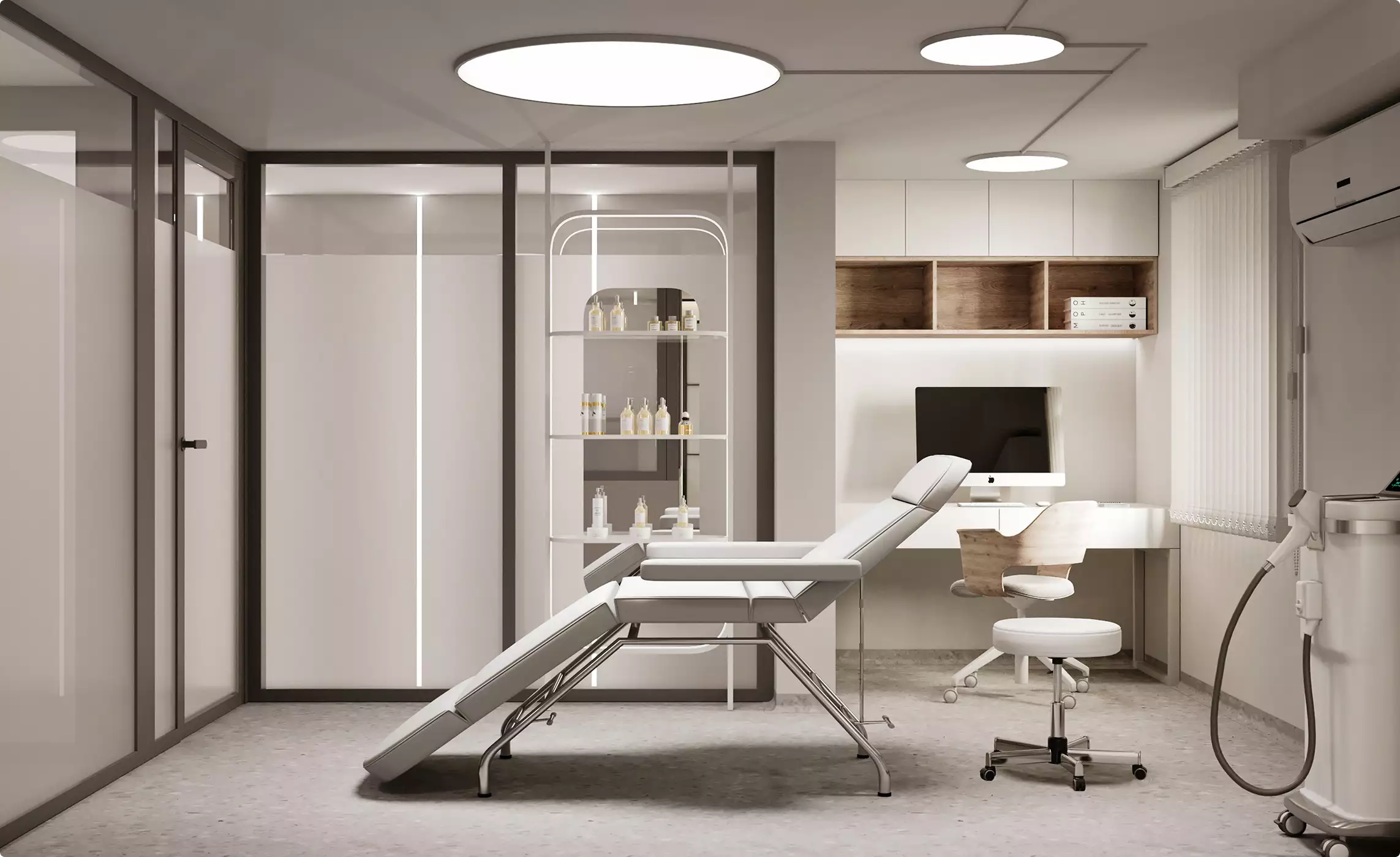 Medical center visualization of a treatment room with exam chair, desk, shelving, and round ceiling lights