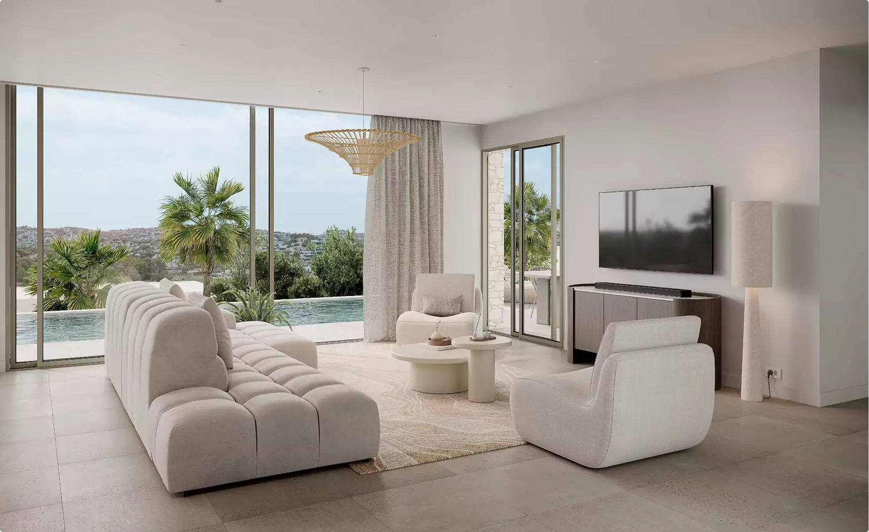 Minimal living room interior, residential architectural rendering, with pool view and large windows