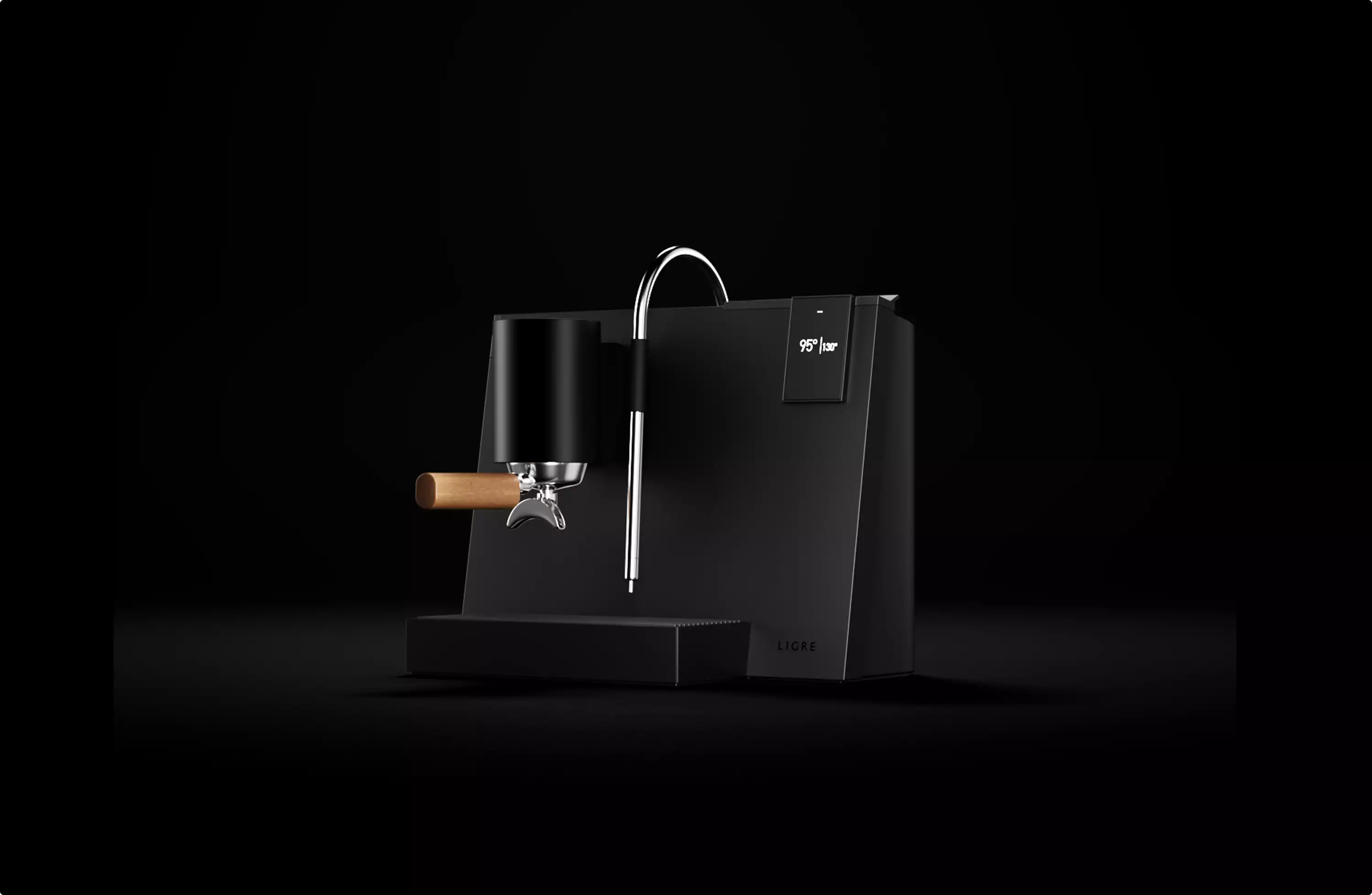 Minimalist black espresso machine with wooden handle and curved wand on dark background