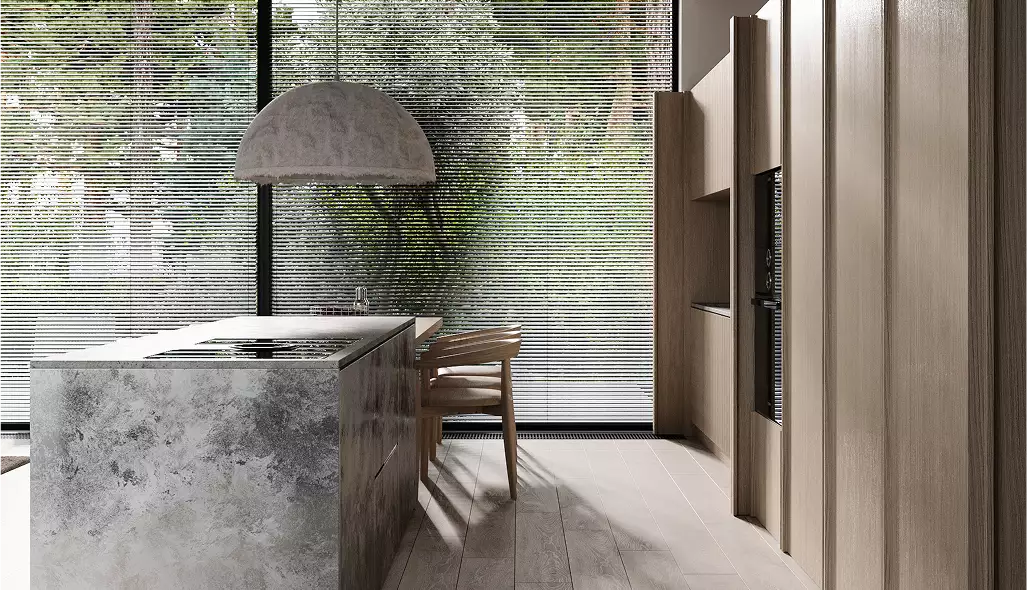 Minimalist design house kitchen with stone island, wood cabinets and large window with blinds