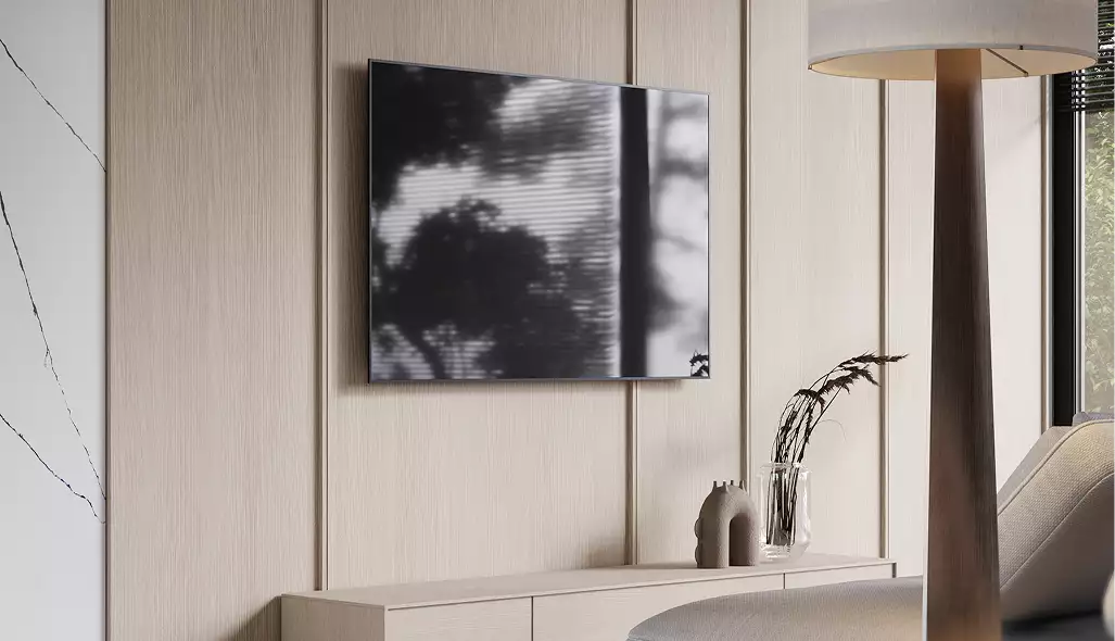 Minimalist design house living room wall with mounted tv, wood panels and floor lamp beside console