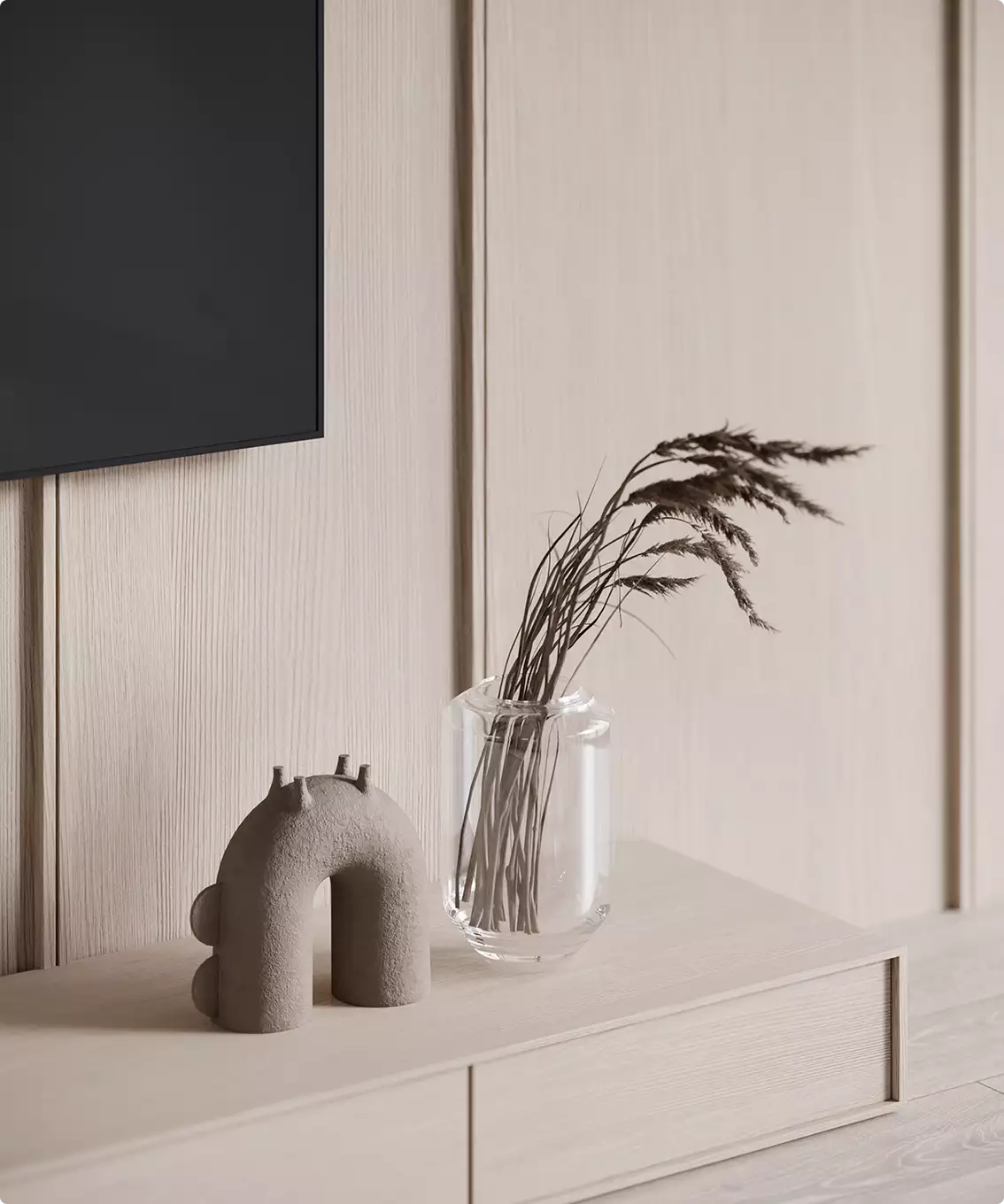 Minimalist exterior house interior detail with wood wall panels, glass vase and small sculptural decor