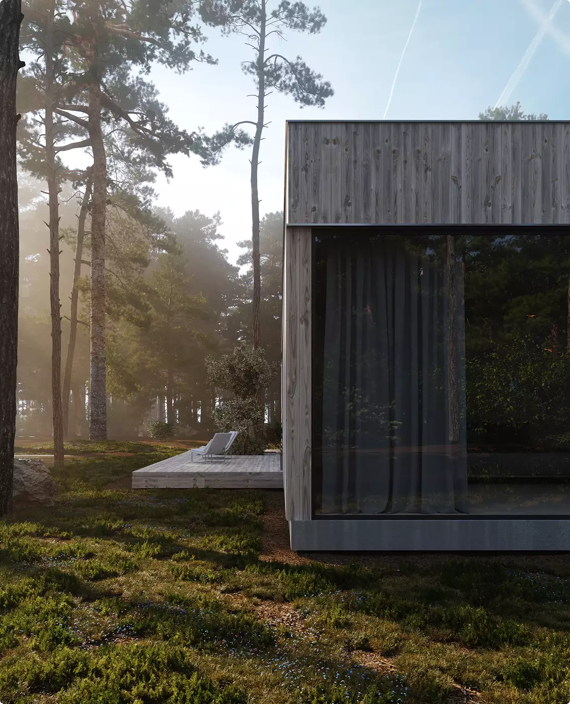 Minimalist exterior house with wood facade and large corner window beside forest terrace