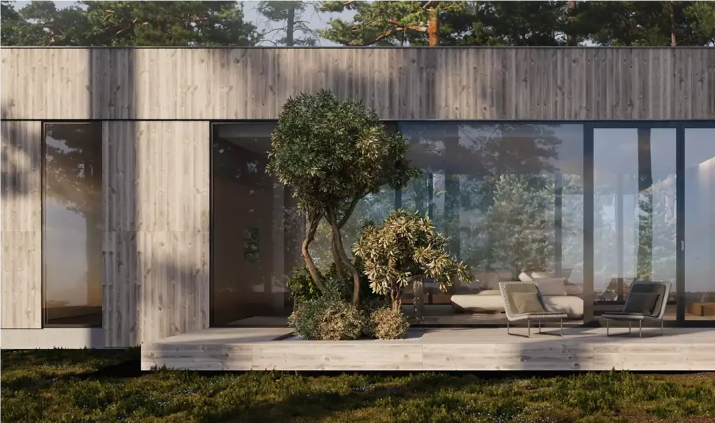 Minimalist exterior house with wood facade, large glass wall and terrace lounge chairs in forest