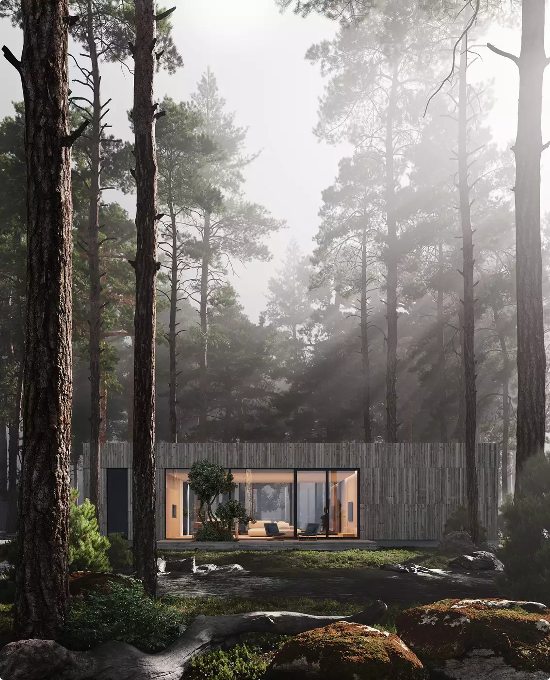 Minimalist house design with glass wall in pine forest beside calm water, wood facade and warm interior ligh