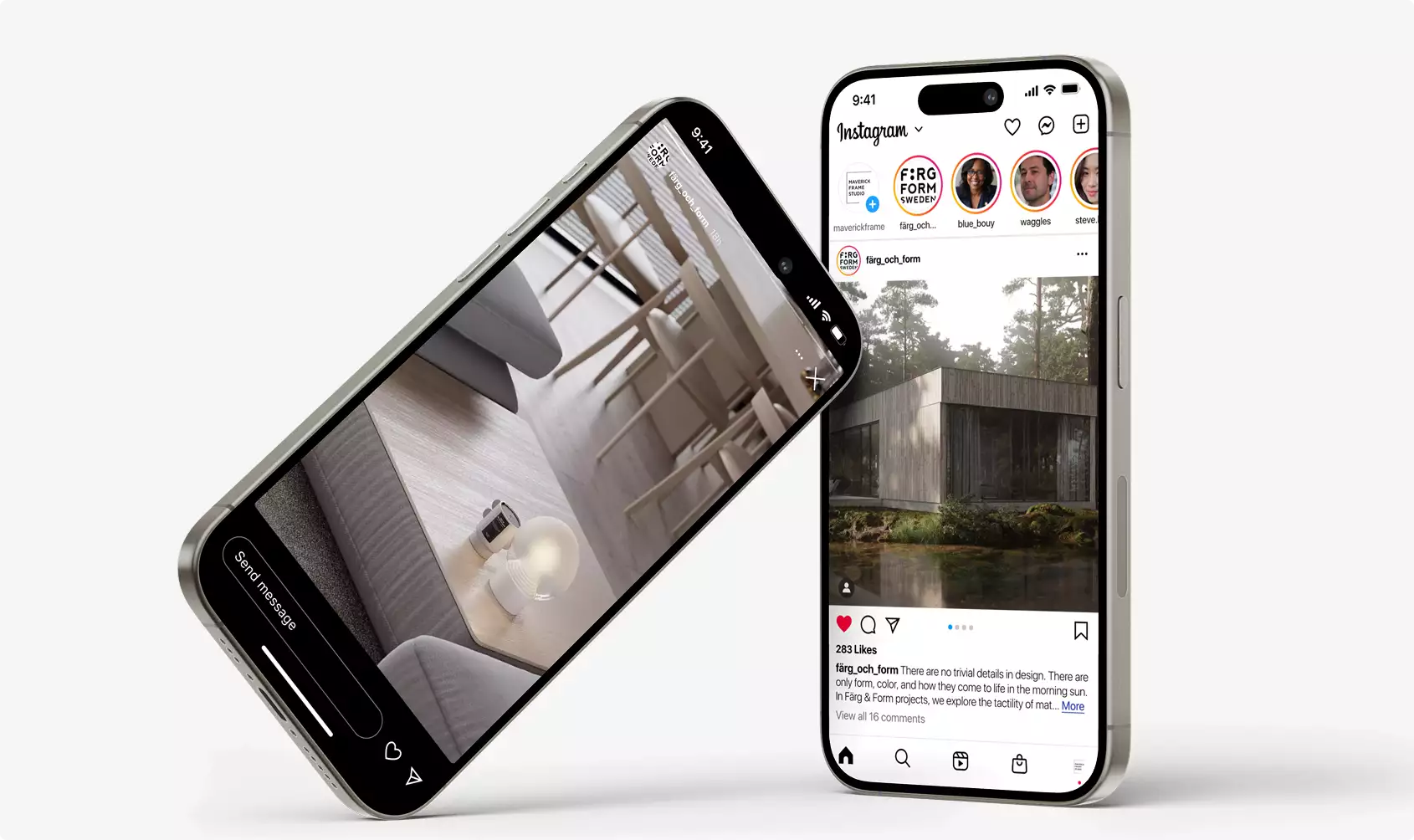 Minimalist house design shown on smartphone screens displaying interior and forest house on social media app
