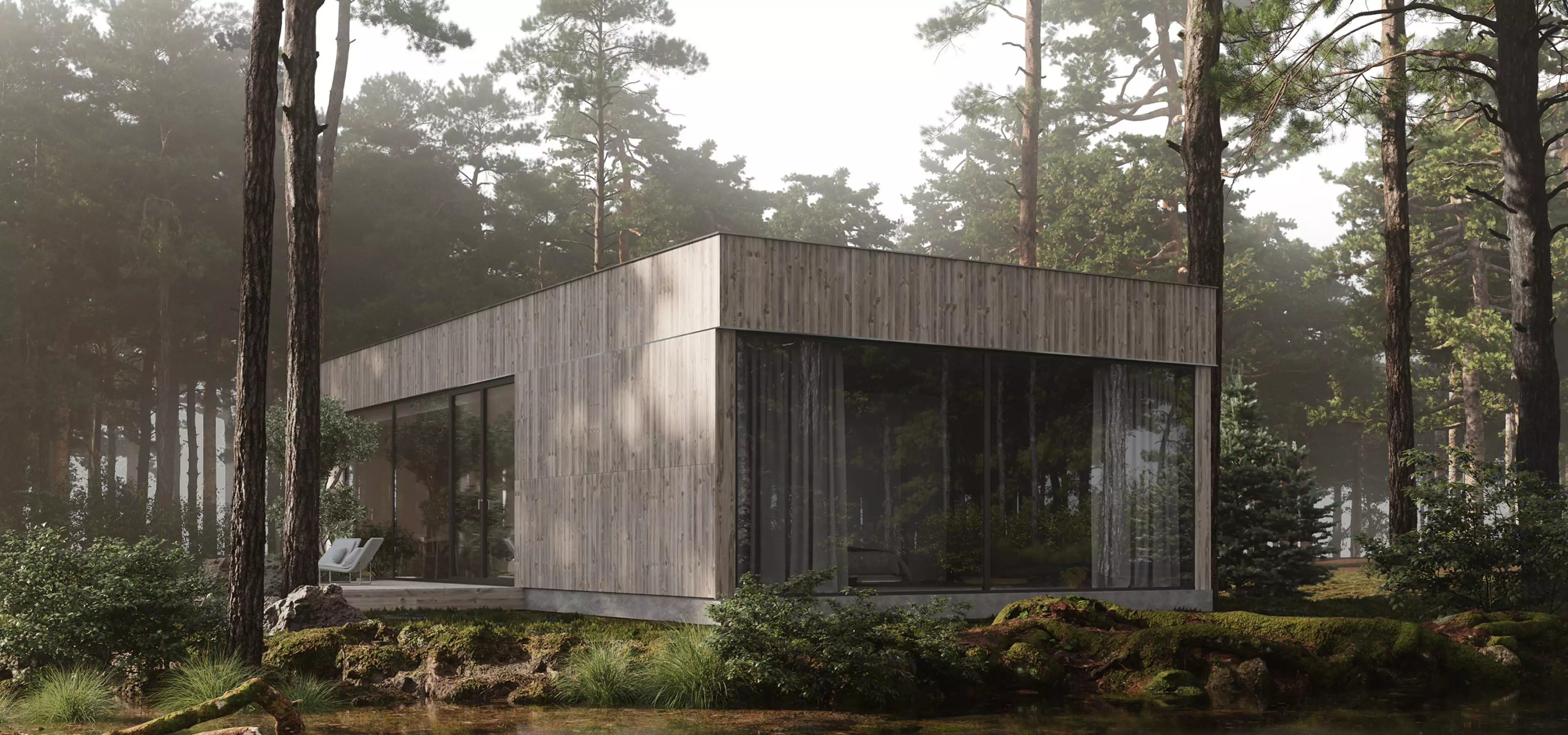 Minimalist house design with wood facade and large glass walls in pine forest beside calm water