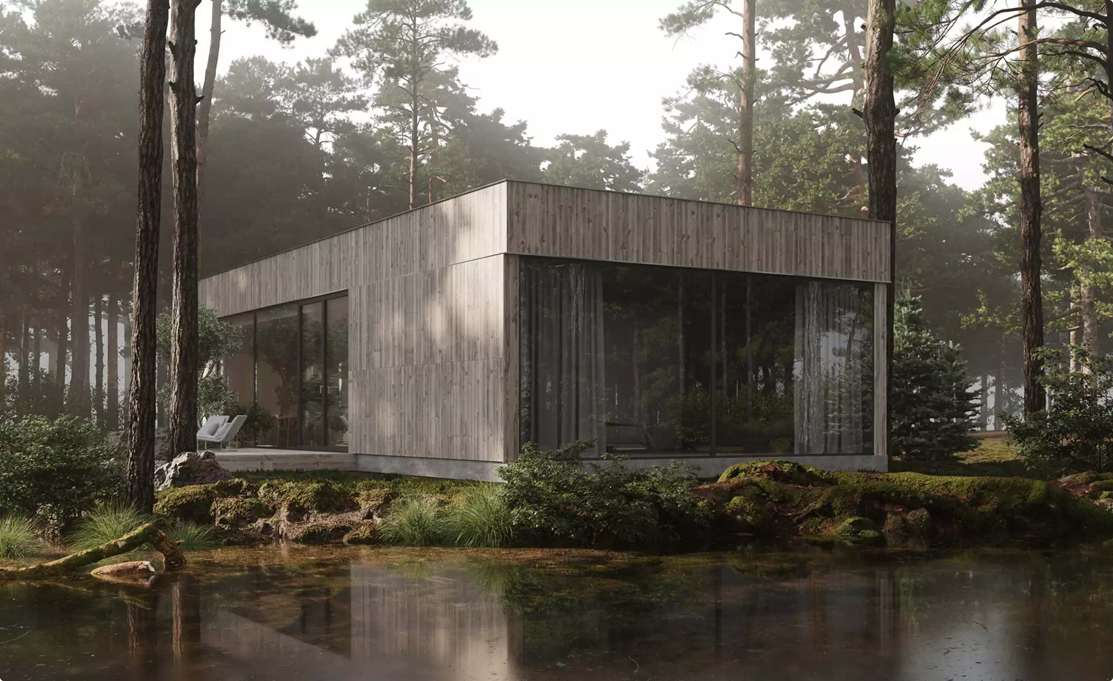 Minimalist house design with wood facade and large glass walls in pine forest beside calm water