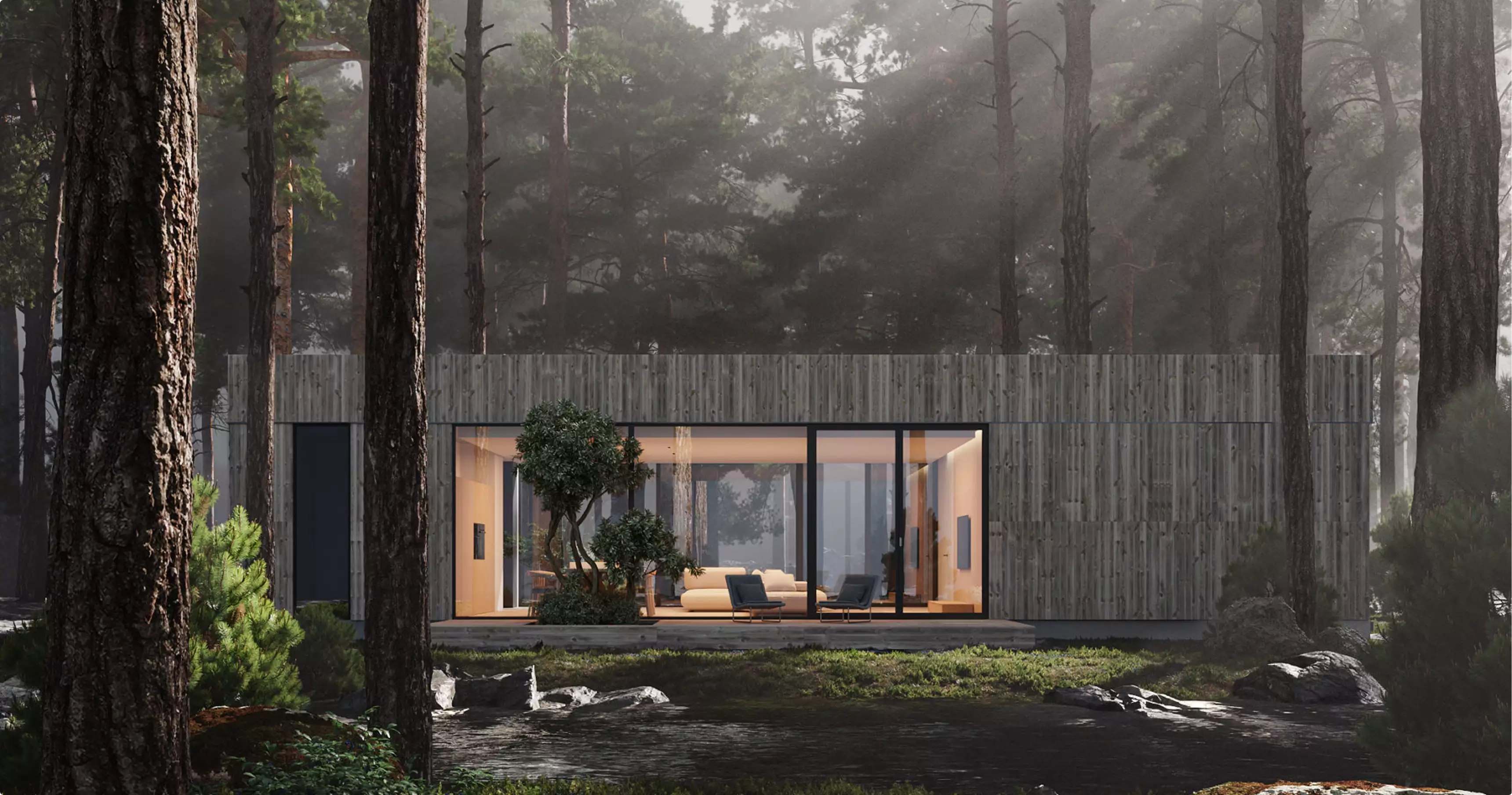 Minimalist house exterior with wood facade and large glass wall in pine forest beside calm water