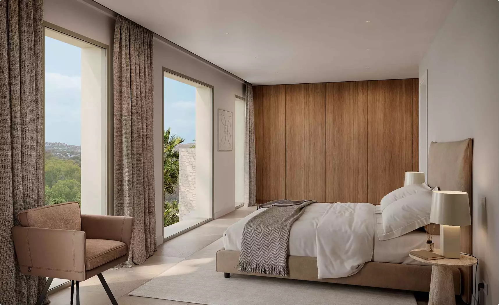 Modern bedroom interior, residential rendering company, with wood wall, tall windows, and armchair