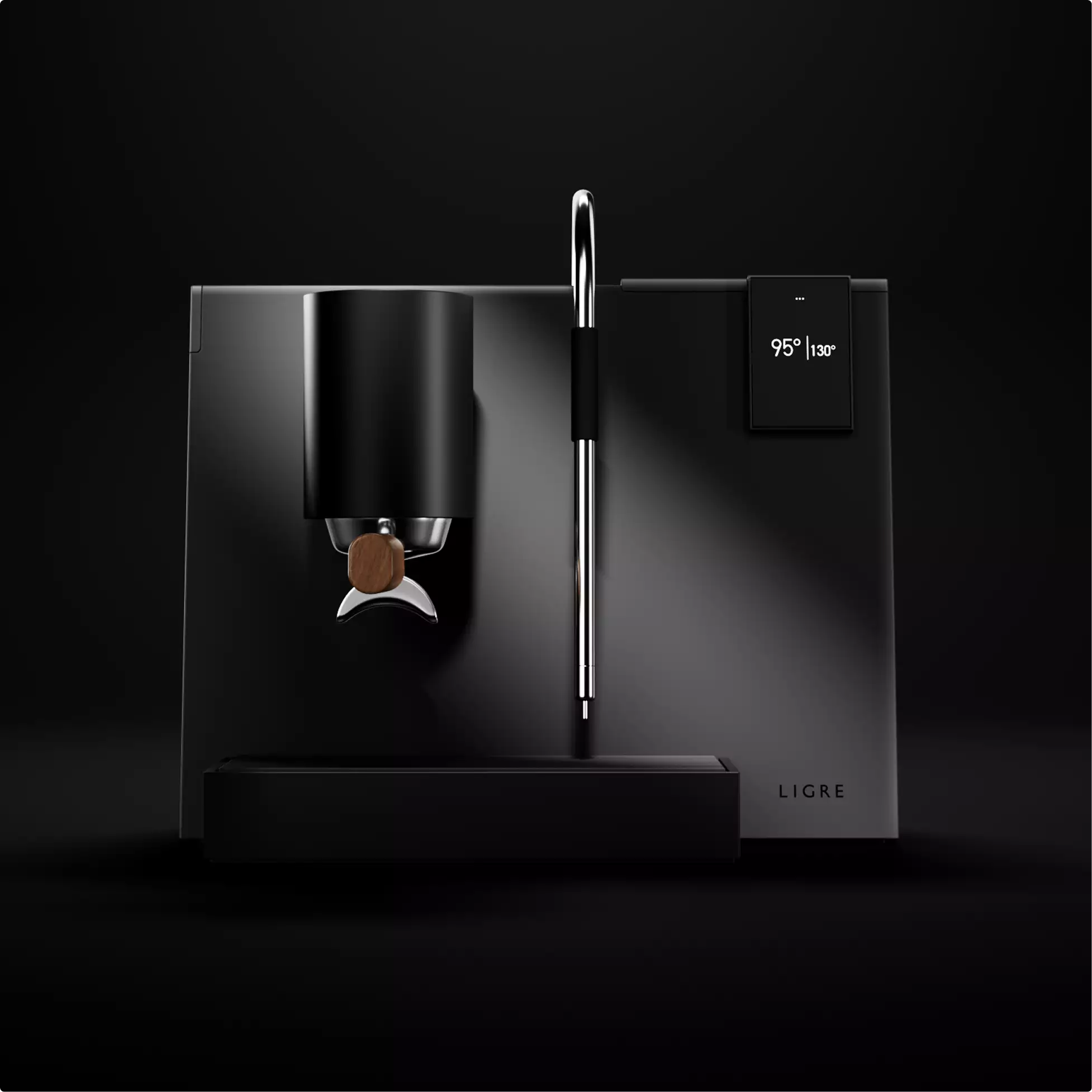 Minimalist black espresso machine with digital display and steam wand on dark background