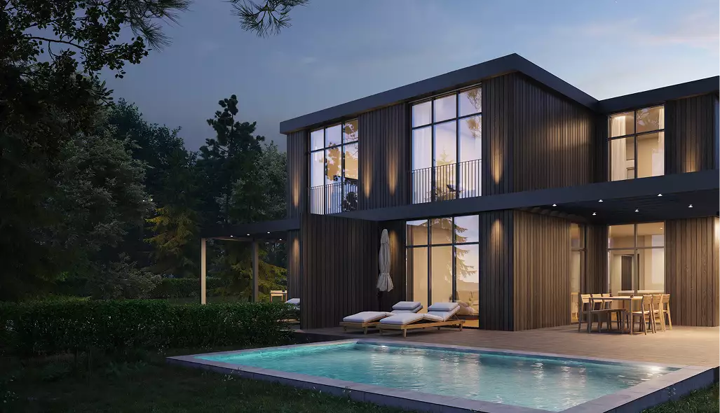 Modern house with pool at dusk.