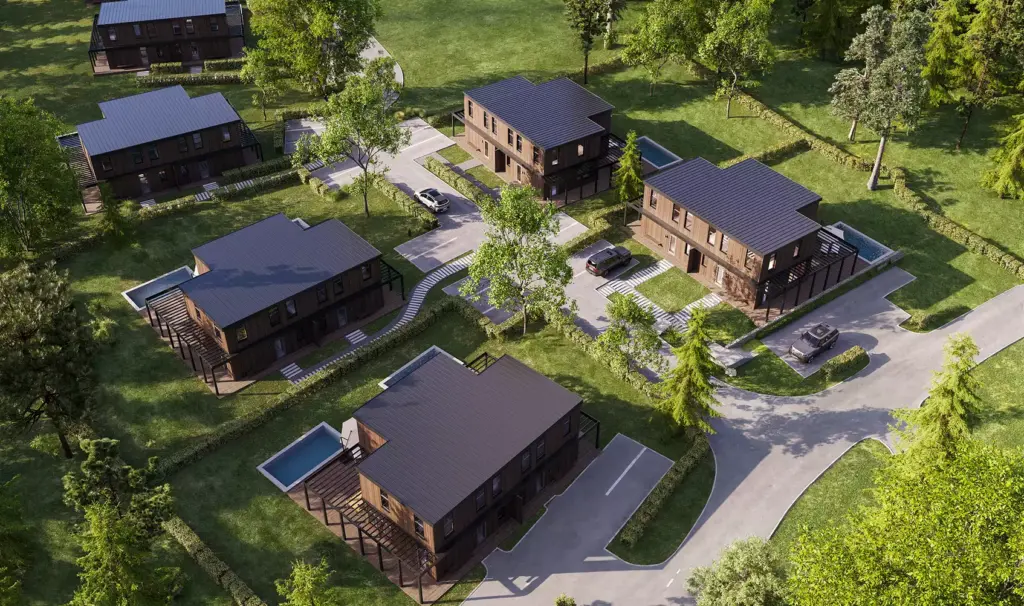 Modern contemporary house exterior community with multiple wood homes, driveways, trees and landscaped yards