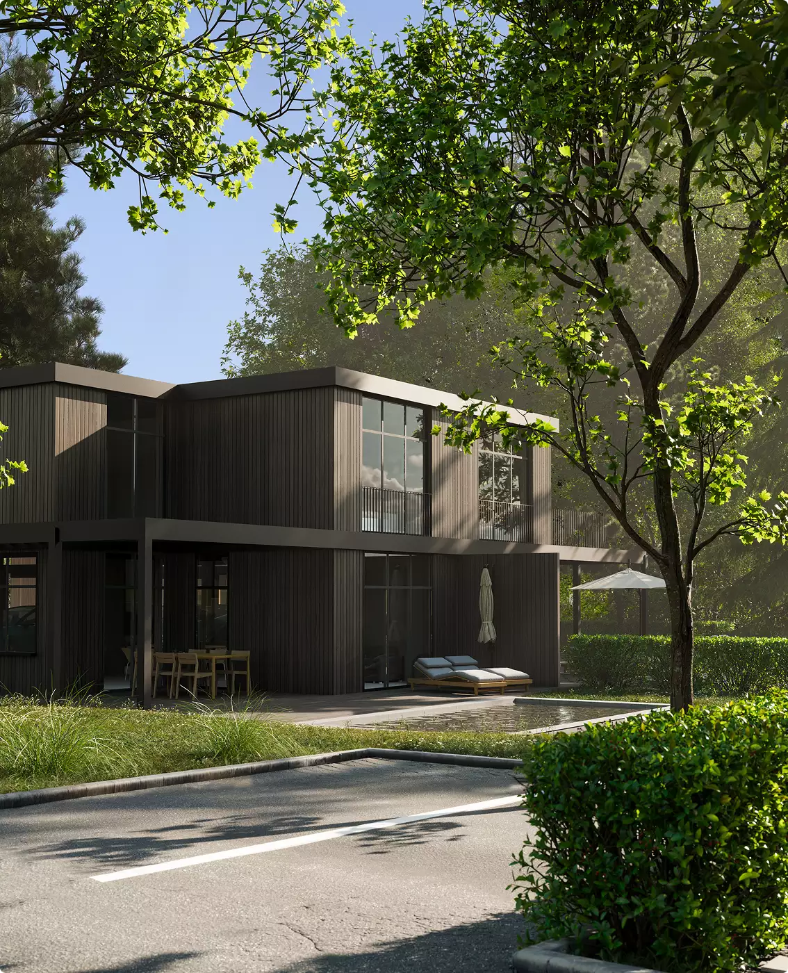 Modern contemporary house exterior with wood facade, large windows, terrace seating and surrounding trees