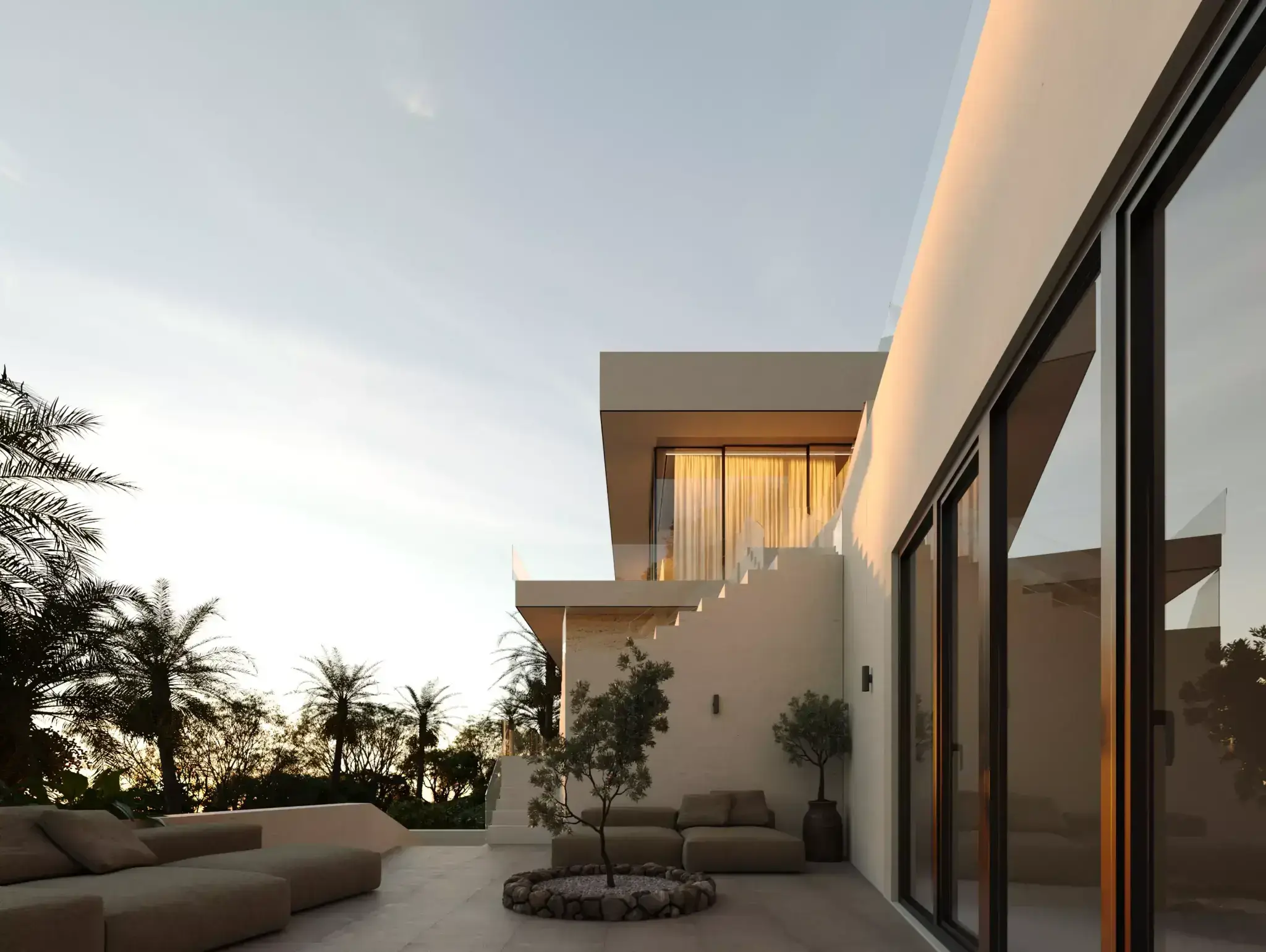 Modern house exterior at dusk with patio seating, rendering pricing example for residential design