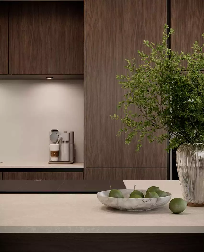 Modern kitchen detail, multifamily residential rendering, with wood cabinets, vase, and fruit bowl
