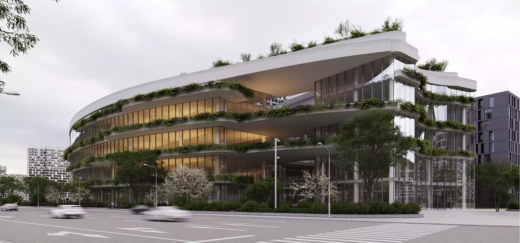Modern office building rendering of a curved corner facade with planted terraces and glass walls