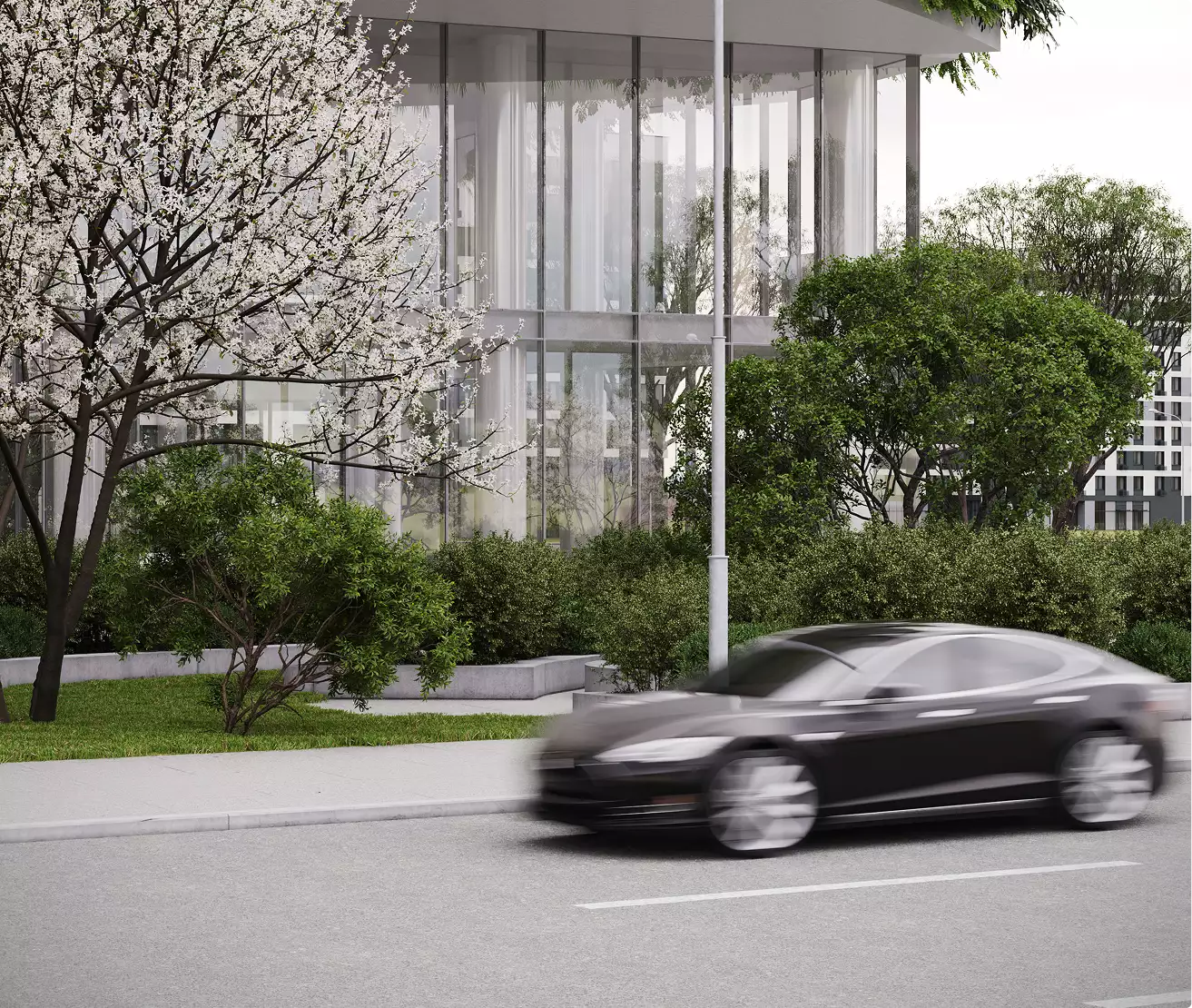 Modern office building rendering detail of a glass facade with trees, shrubs, and a passing car