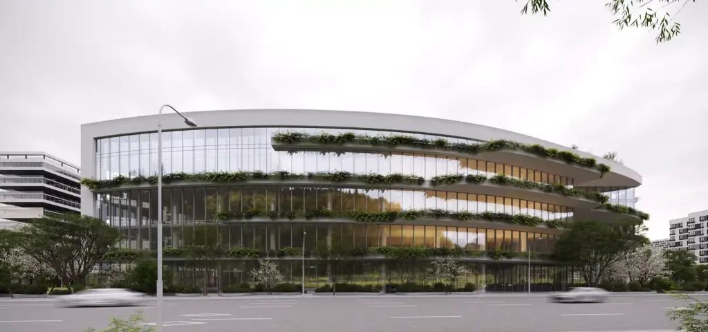 Modern office building rendering of a rounded glass facade with planted terraces along a city street