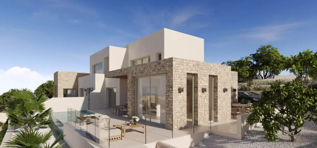 Modern villa exterior in daylight, residential rendering services, with pool terrace and stone walls