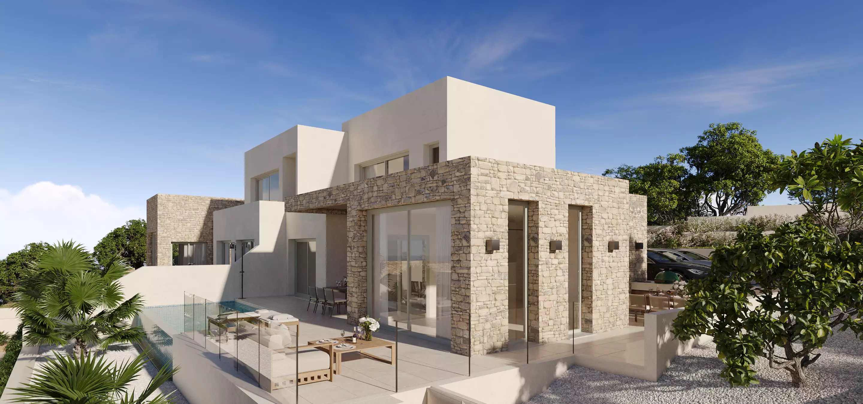 Modern villa exterior in daylight, residential rendering services, with pool terrace and stone walls