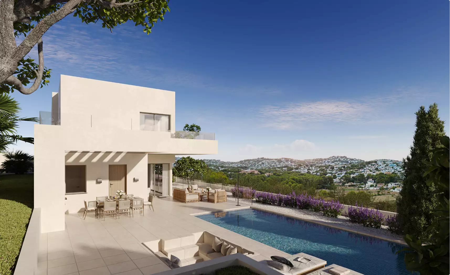 Modern villa exterior with pool, residential architectural rendering, terrace, hillside, and garden