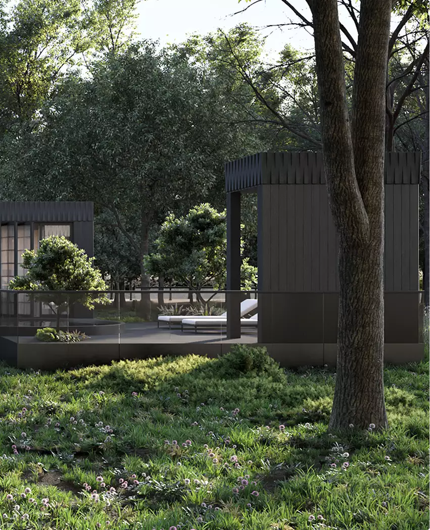 Modular home exterior design with deck seating, pavilion, glass railing, and trees