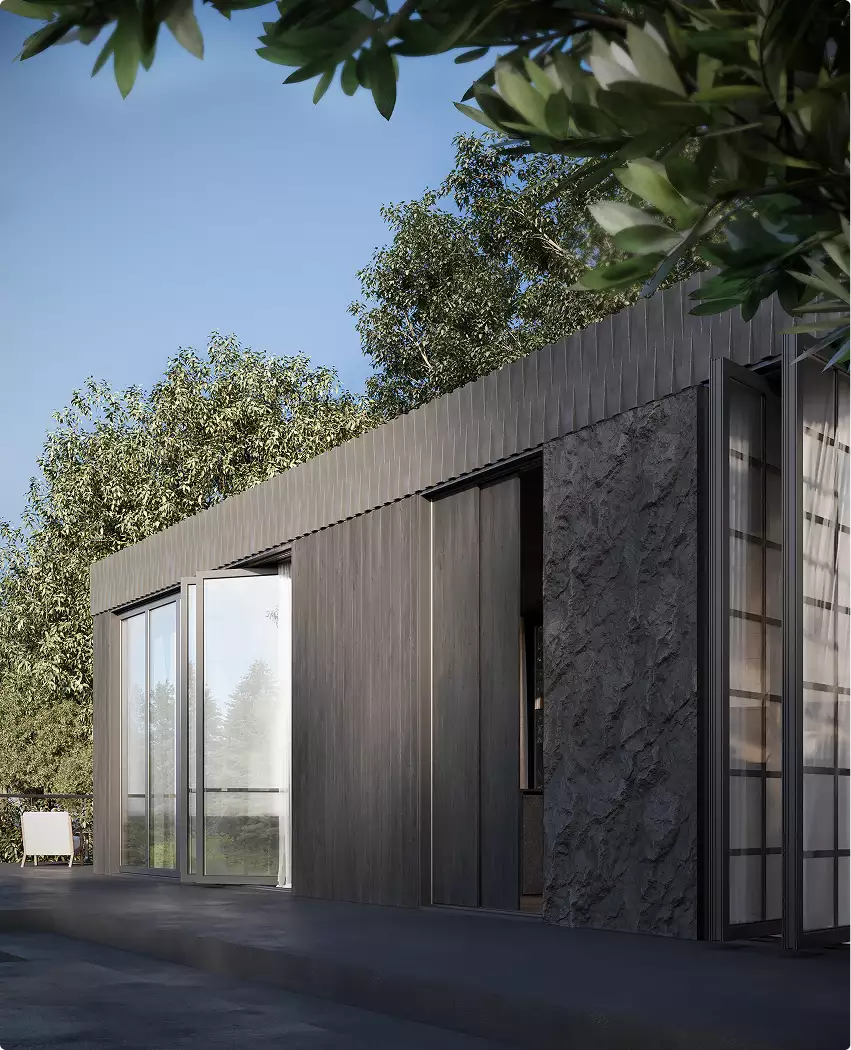 Modular home exterior design side view with sliding panels, glass doors, and textured wall
