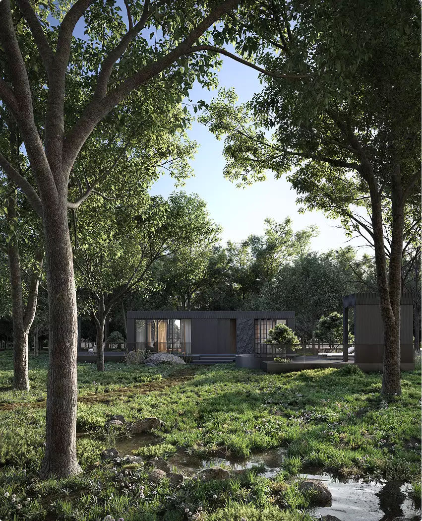 Modular home exterior design framed by tall trees with wet meadow, deck, and dark facade
