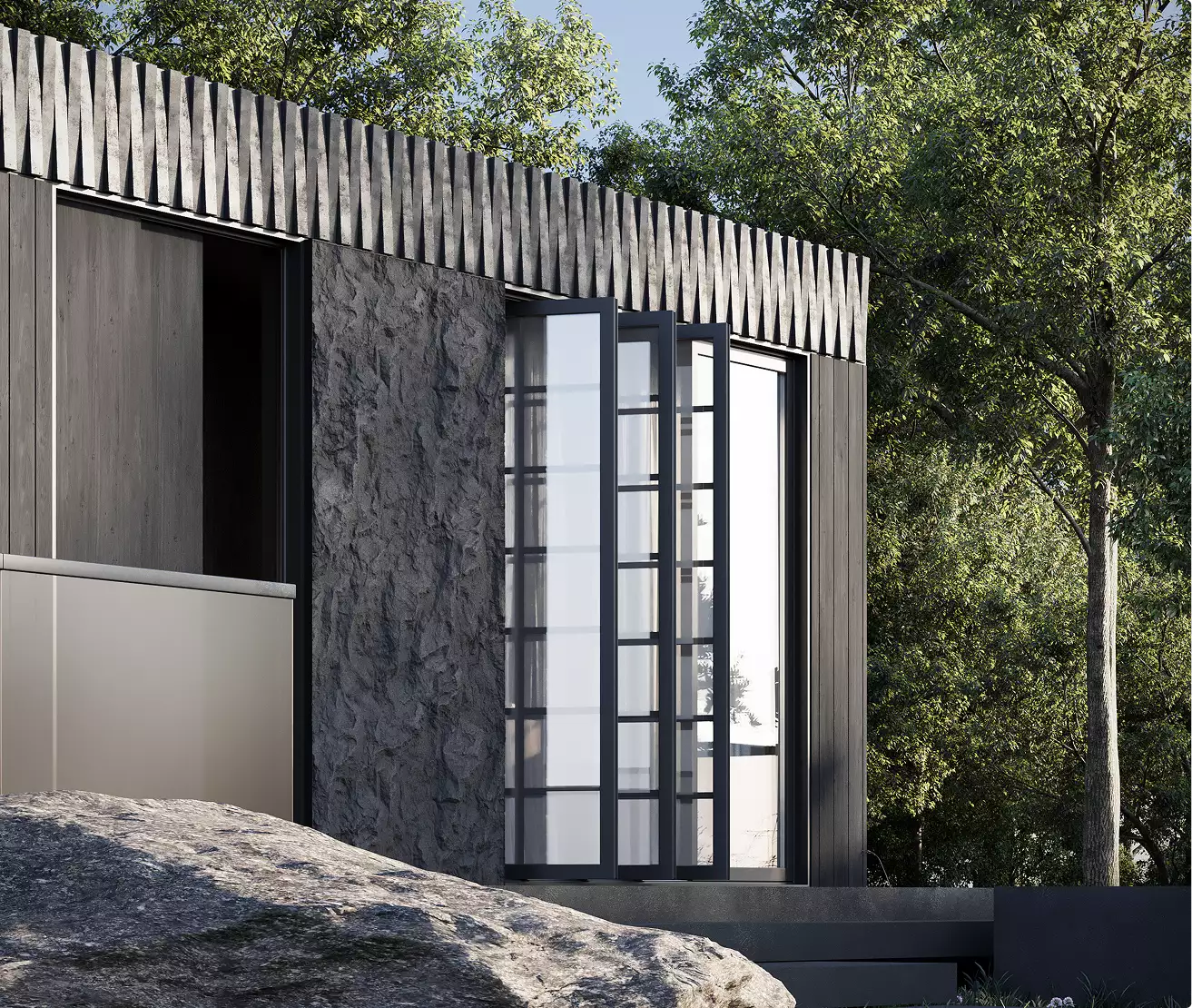 Modular home exterior detail with textured wall, folding glass doors, and trees beside the facade