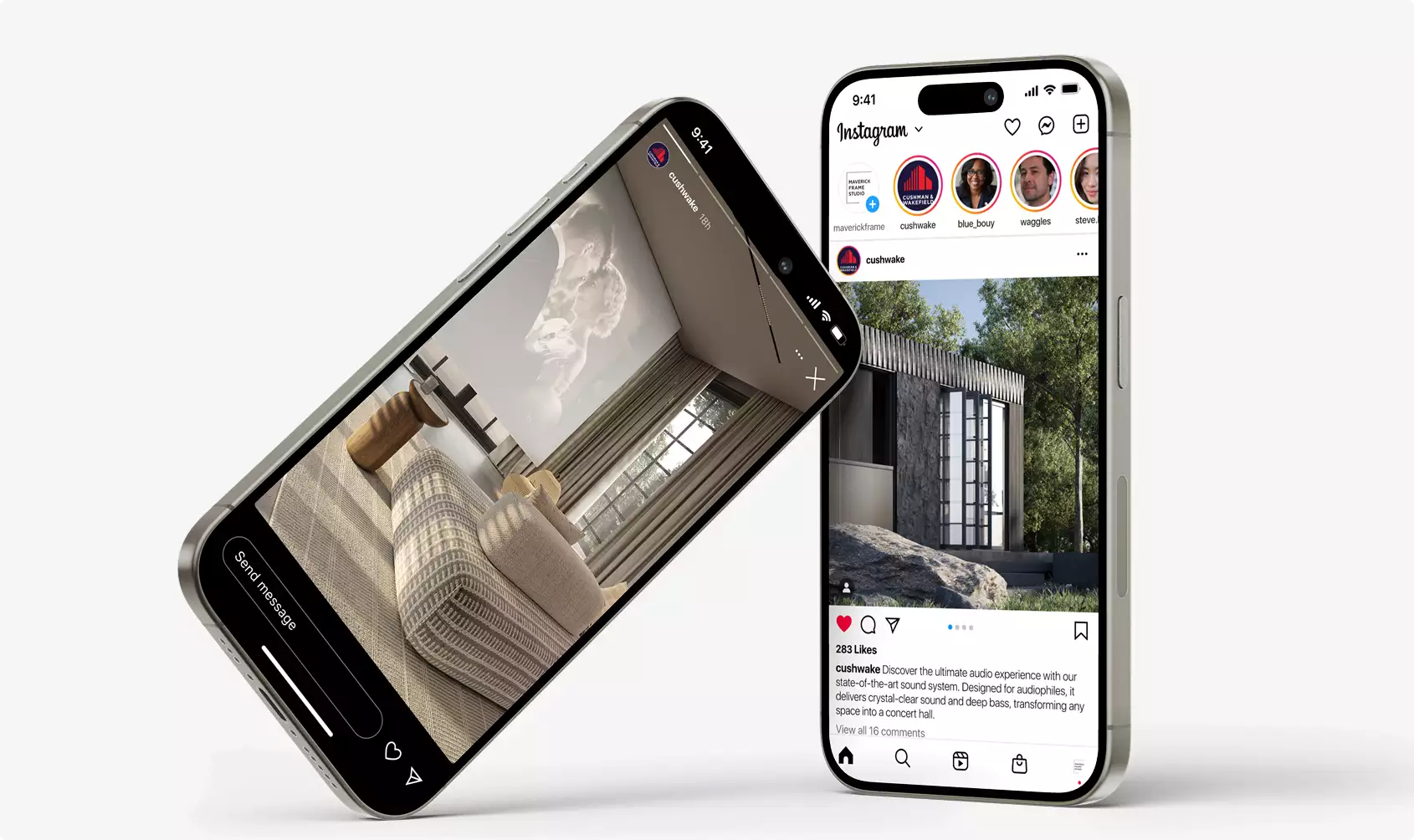 Modular homes shown on two smartphones with Instagram story and post screens on gray background