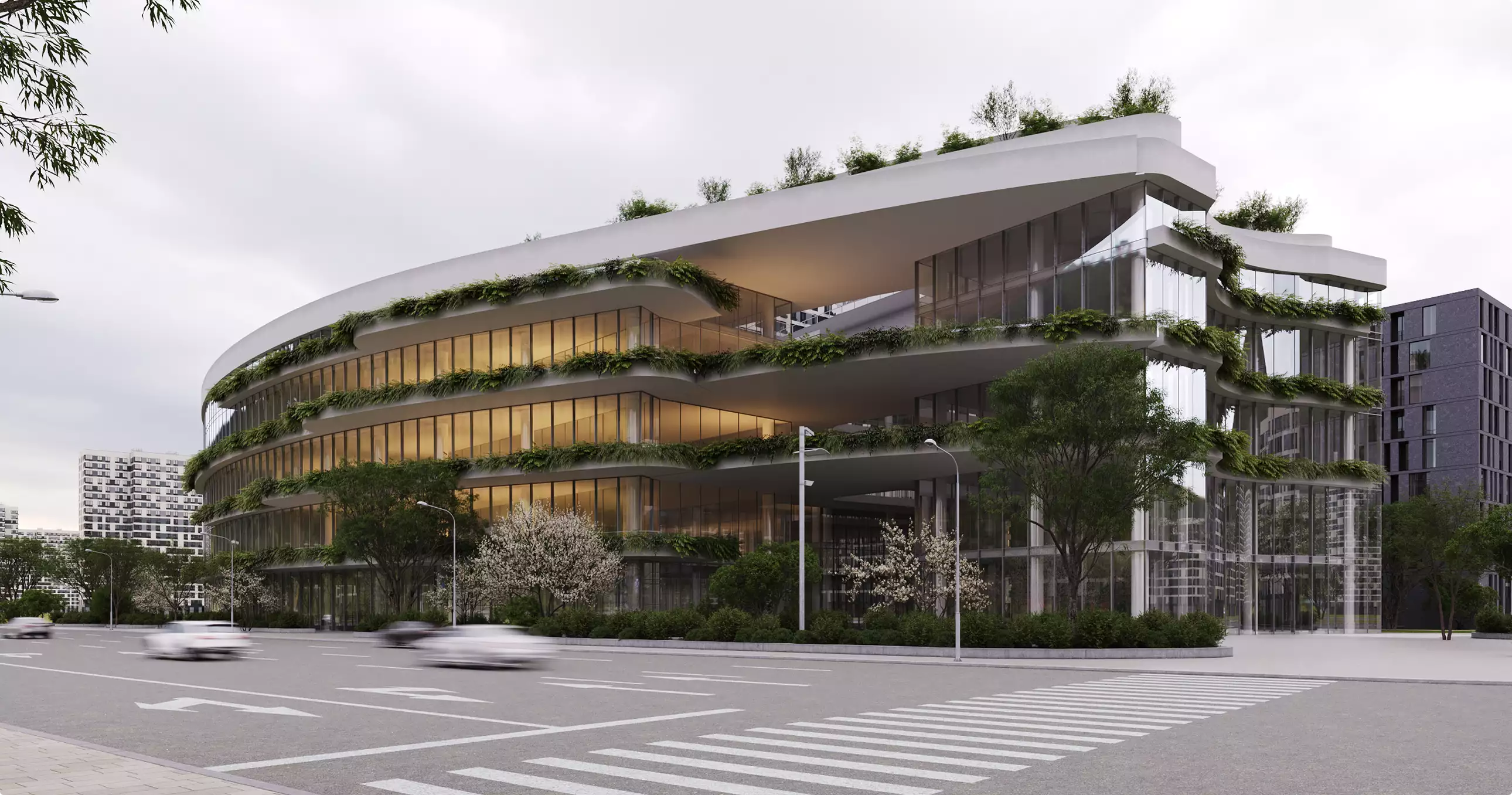 Office building design rendering of a curved glass office with planted terraces and a city street