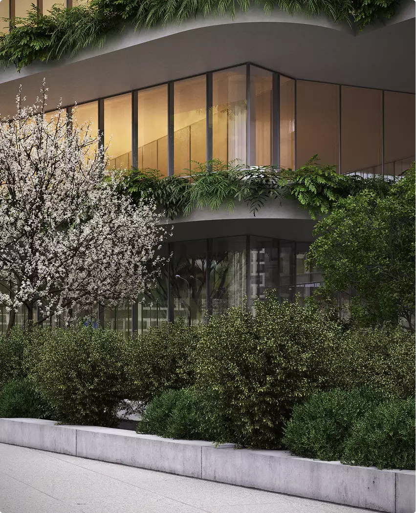 Office building design rendering detail of a planted facade with glass corner and flowering tree
