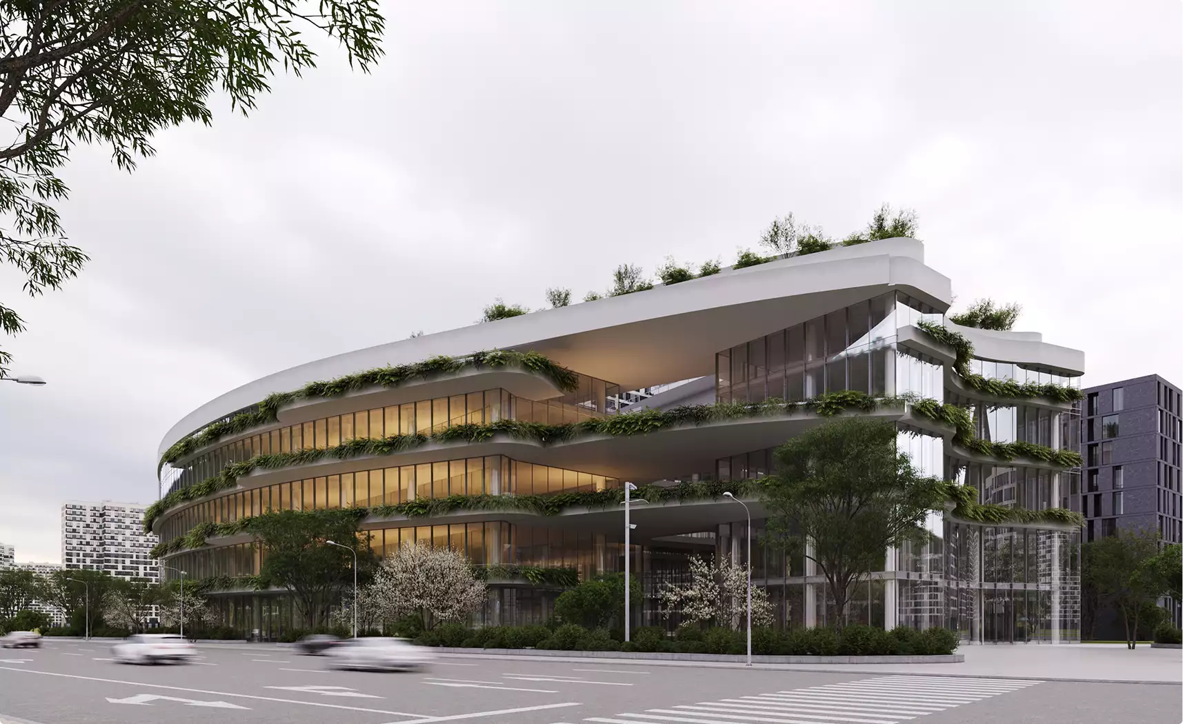 Office building rendering of a modern corner facade with layered terraces and planted edges