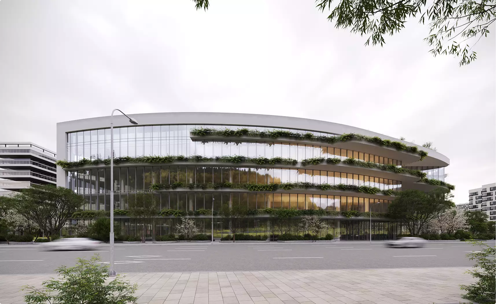 Office building rendering of a curved glass facade with planted terraces along a city street