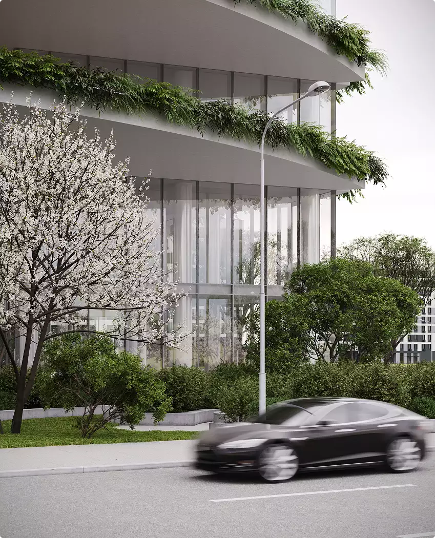 Office building rendering detail of a glass corner facade with terraces, trees, and passing car
