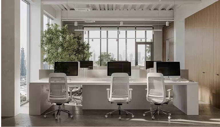Office building rendering of an open office with white desks, desktop monitors, and wood wall